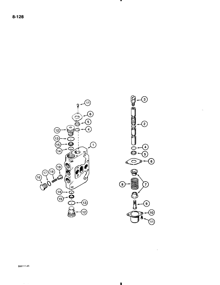 Схема запчастей Case 580K - (8-128) - THREE-POINT HITCH CONTROL VALVE, PITCH AND TILT SECTIONS (08) - HYDRAULICS