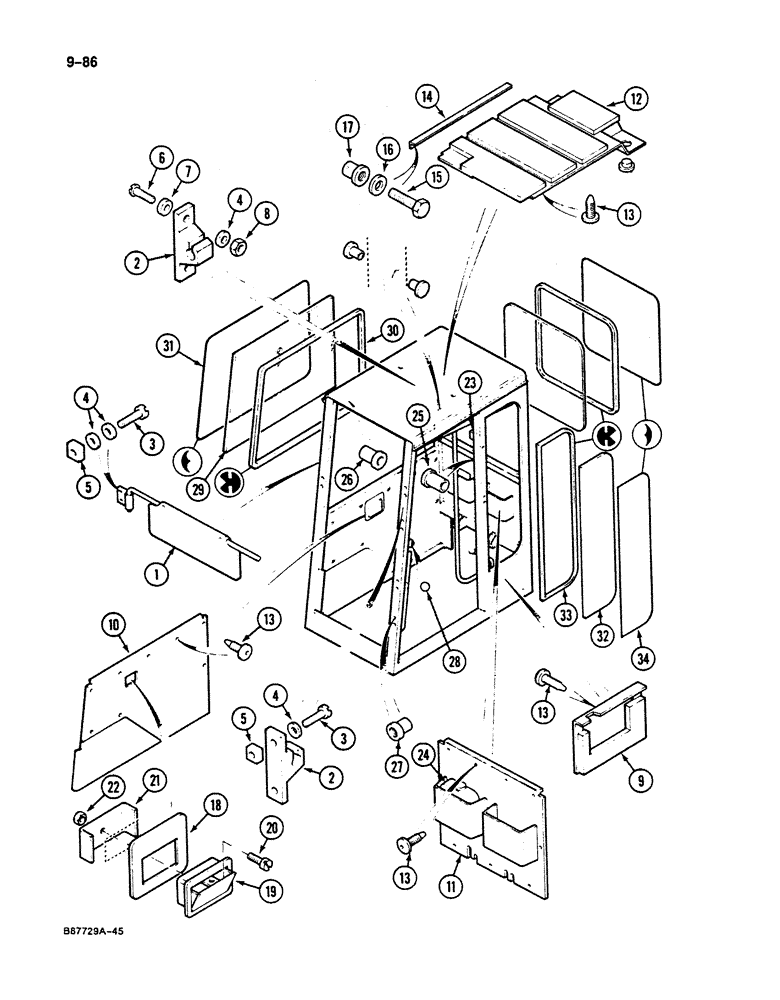 Схема запчастей Case 125B - (9-086) - CAB, CAB GLASS AND INSULATION, P.I.N. 74251 THROUGH 74963, 21801 THROUGH 21806 (09) - CHASSIS