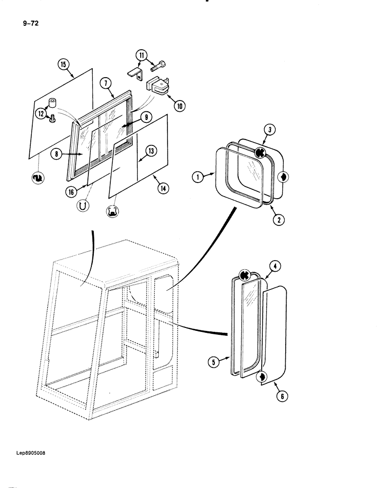 Схема запчастей Case 888 - (9-072) - CAB, CAB GLASS, INSULATION AND SEALS (09) - CHASSIS