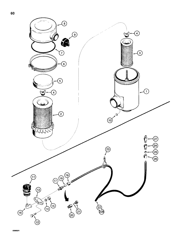 Схема запчастей Case 1150D - (060) - AIR CLEANER AND RESTRICTION INDICATOR, AIR CLEANER ASSEMBLY (02) - ENGINE