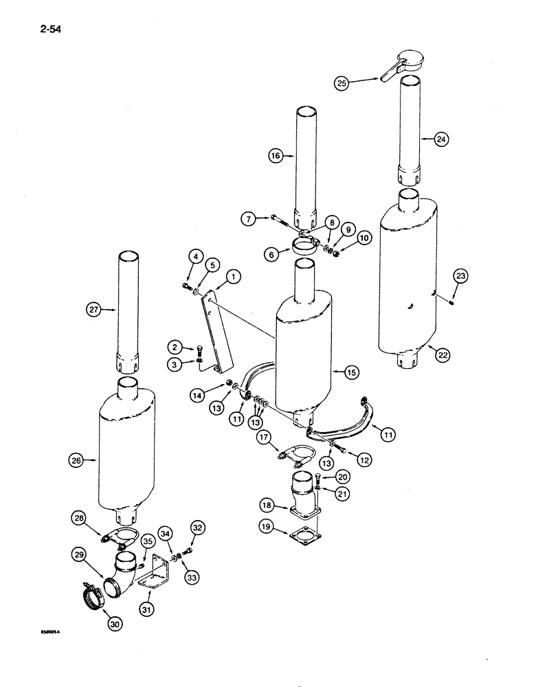 Схема запчастей Case 855D - (2-54) - MUFFLER MOUNTING AND EXHAUST PARTS, PARTS USED ON ALL MODELS (02) - ENGINE