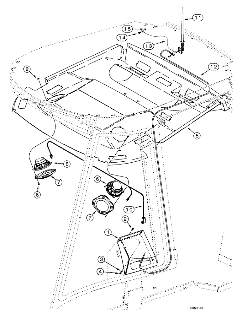 Схема запчастей Case 590SL - (4-44) - RADIO MOUNTING BOX, ANTENNA AND SPEAKERS (04) - ELECTRICAL SYSTEMS