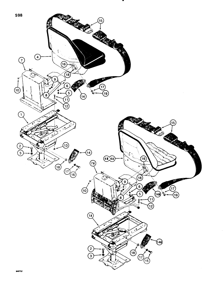 Схема запчастей Case 580E - (598) - SUSPENSION SEAT AND MOUNTING PARTS (09) - CHASSIS/ATTACHMENTS