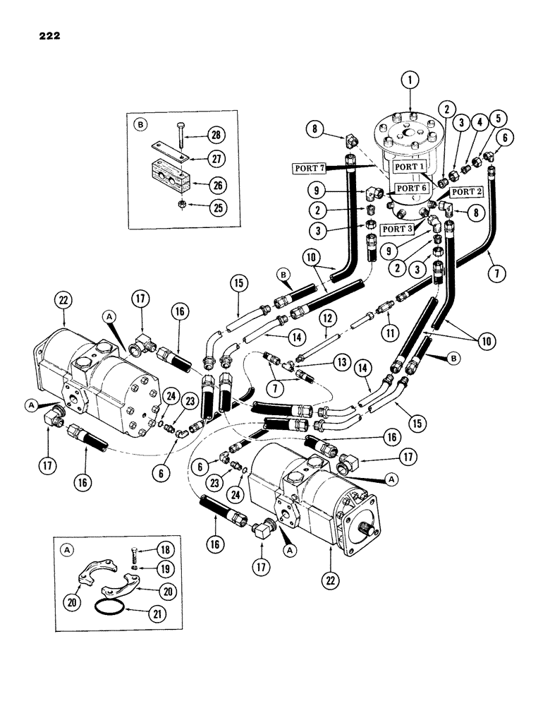 Схема запчастей Case 980B - (222) - LOWER TRACK DRIVE MOTOR TUBING AND DRAIN, (USED ON UNITS PRIOR TO PIN 6204051) (04) - UNDERCARRIAGE