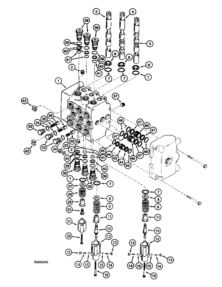 Схема запчастей Case 660 - (8-097A) - PLOW CONTROL VALVE - 130806A1, WITH LEVERS MOUNTED HORIZONTALLY, INLET AND OUTLET SECTION (08) - HYDRAULICS