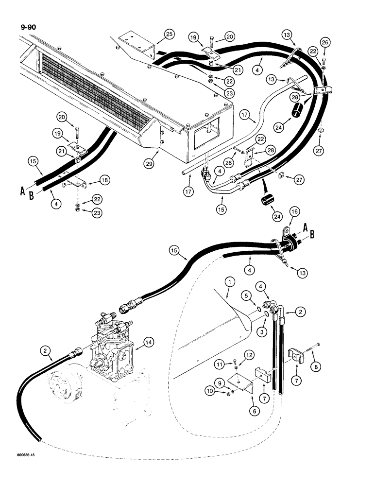 Схема запчастей Case W20C - (9-090) - AIR CONDITIONING LINES, FOR HOOD MOUNTED CONDENSER (09) - CHASSIS/ATTACHMENTS