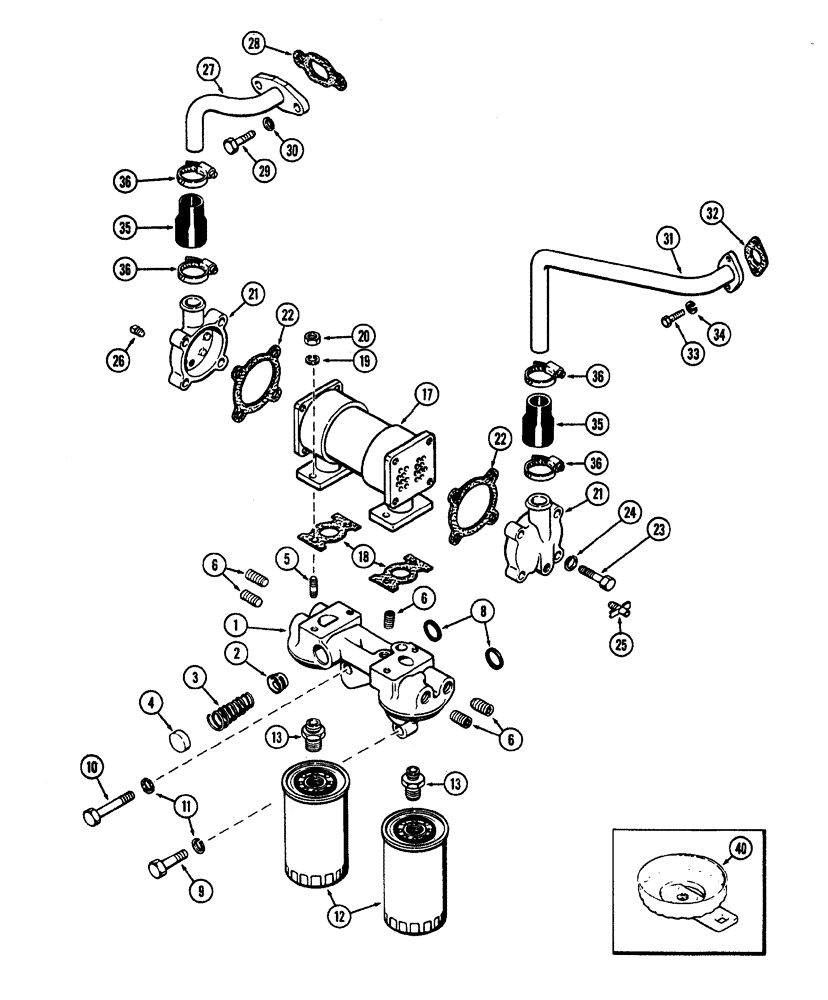 Схема запчастей Case W20 - (014) - OIL FILTER & HEAT EXCHANGER (401 BD) DIESEL ENG. USED ENG. SN. 2523871-2570670 W/ DUAL FILTERS (02) - ENGINE