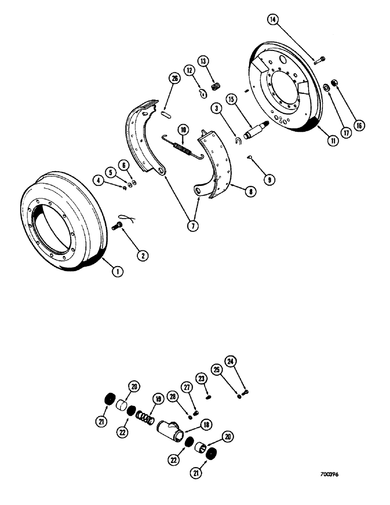 Схема запчастей Case W8B - (182) - A56467 AND L15395 REAR STEERING AXLES, REAR BRAKE DRUM AND LININGS (04) - UNDERCARRIAGE