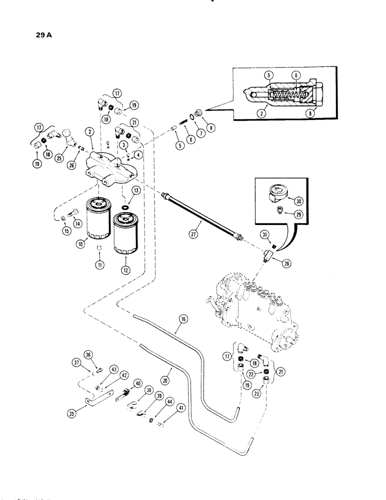 Схема запчастей Case 1150 - (029A) - FUEL INJECTION FILTER SYSTEM, (401B) DIESEL ENGINE, USED PRIOR TO ENG. SN. 2319862 (01) - ENGINE