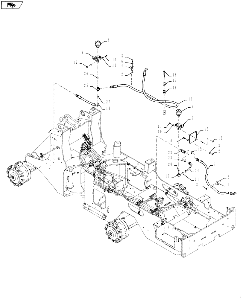 Схема запчастей Case 621F - (25.100.AA[03]) - BRAKE LINE INSTALLATION HD AXLE WITH AUX STEERING (25) - FRONT AXLE SYSTEM