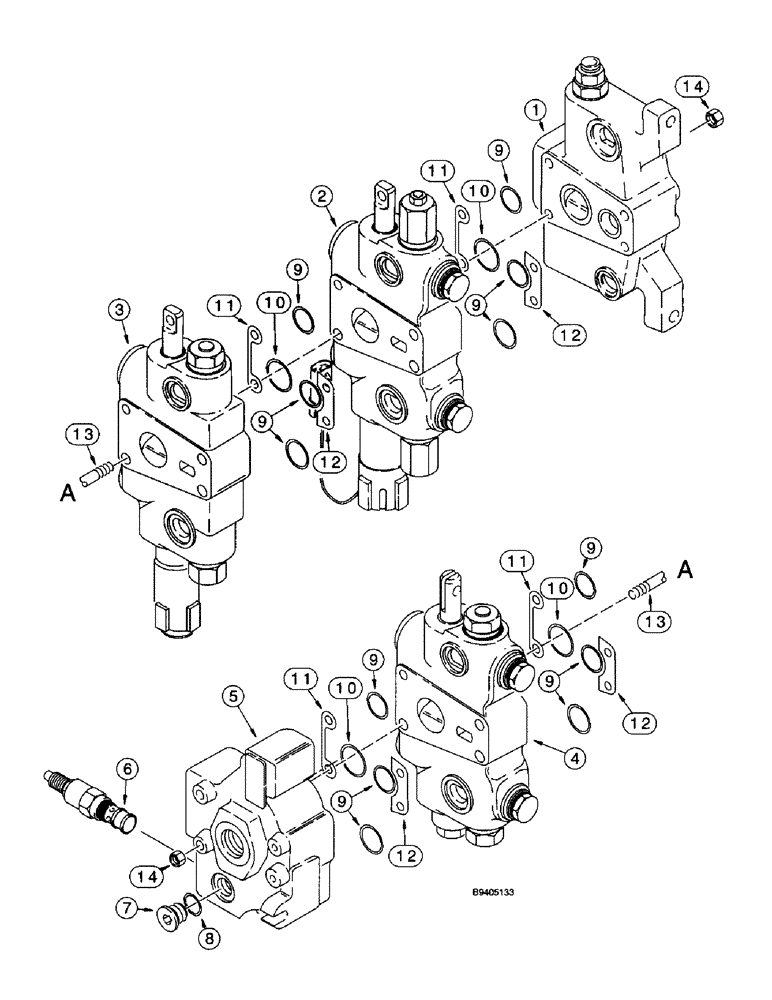 Схема запчастей Case 570LXT - (8-072) - LOADER CONTROL VALVE, THREE SPOOL, WITH MALE TYPE SPOOL EYES (08) - HYDRAULICS