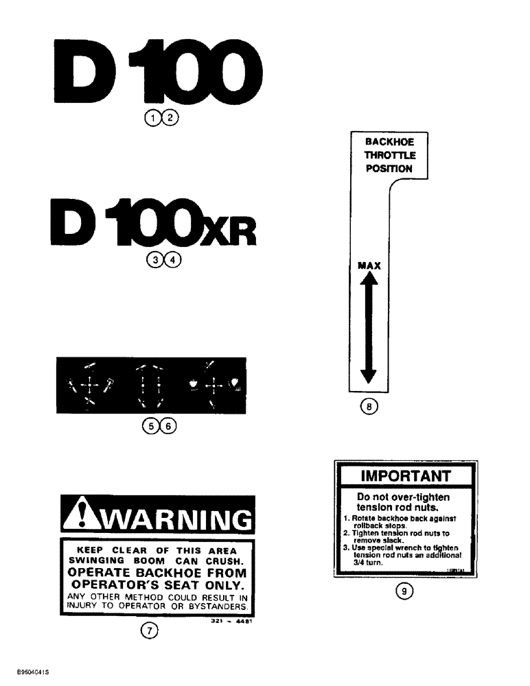 Схема запчастей Case 1838 - (9-52) - BACKHOE DECALS, D100 OR D100XR BACKHOE (09) - CHASSIS/ATTACHMENTS