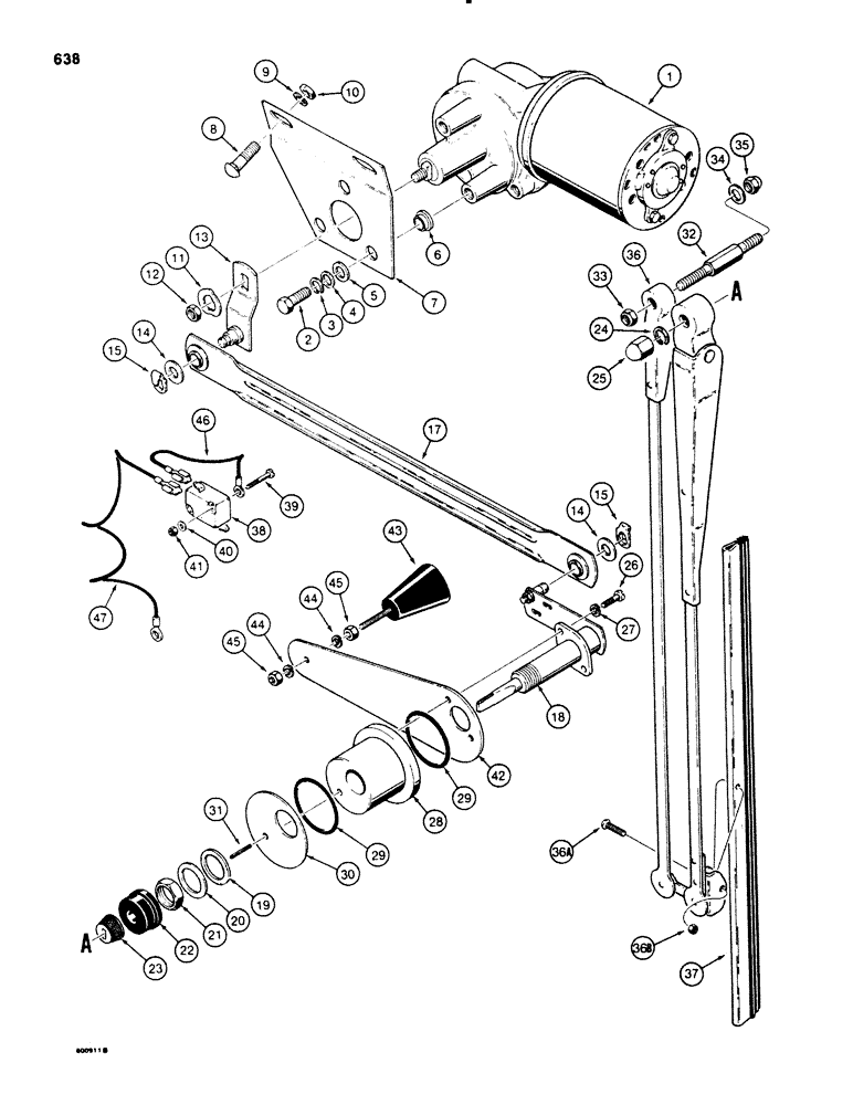 Схема запчастей Case 580E - (638) - CAB REAR WINDSHIELD WIPER, MODELS W/SHORT WIPER POSITIONING LEVER (ITEM 42), IF USED (09) - CHASSIS/ATTACHMENTS