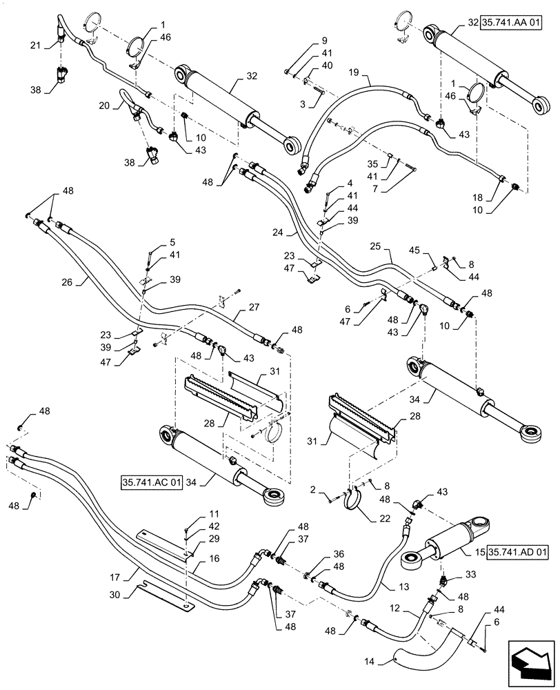 Схема запчастей Case 1150M WT/LGP - (35.741.AJ[01]) - CYLINDER AND LINES (35) - HYDRAULIC SYSTEMS