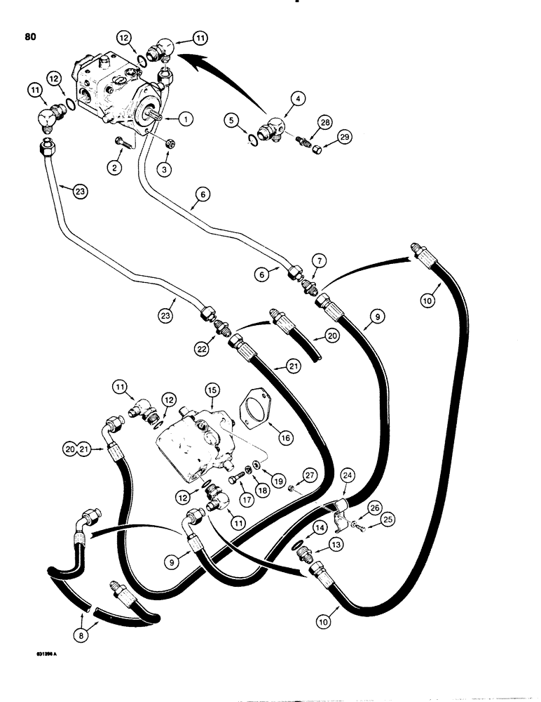 Схема запчастей Case SD100 - (080) - HYDROSTATIC PROPULSION PUMP TO MOTOR PRESSURE CIRCUIT, USED ON 30+4 SERIAL NUMBER 1139802 AND AFTER (29) - HYDROSTATIC DRIVE