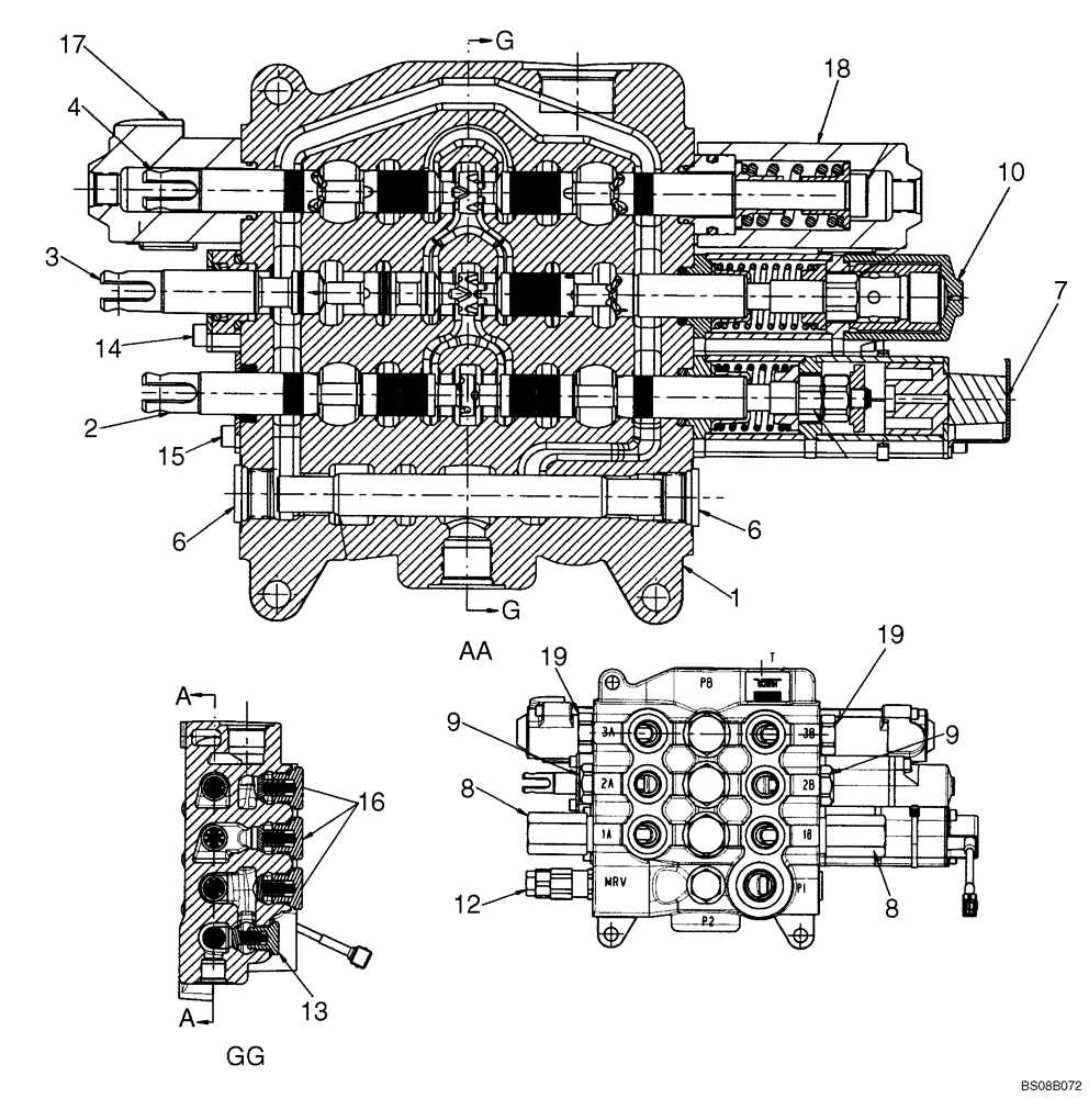 Схема запчастей Case 590SM - (08-35) - VALVE ASSY - LOADER CONTROL, THREE SPOOL (WITHOUT PILOT CONTROLS) (590SM) (08) - HYDRAULICS