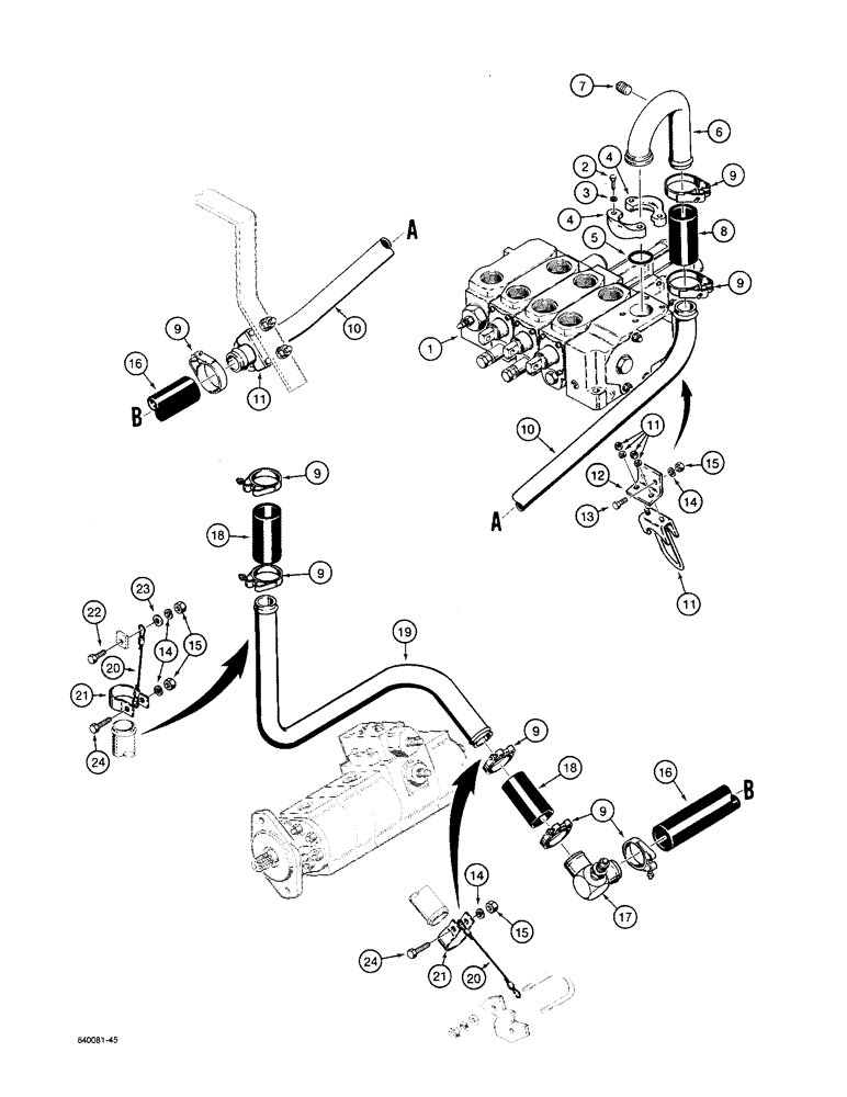 Схема запчастей Case W36 - (8-390) - LOADER HYDRAULIC CIRCUIT, VALVE TO HYDRAULIC RESERVOIR. - USED ON TRACTORS WITH HYDRAULIC FILTER (08) - HYDRAULICS