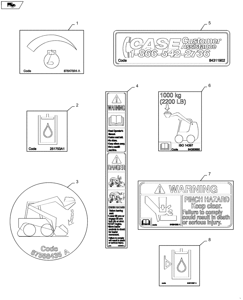 Схема запчастей Case SR220 - (90.108.AA[01]) - DECALS (90) - PLATFORM, CAB, BODYWORK AND DECALS