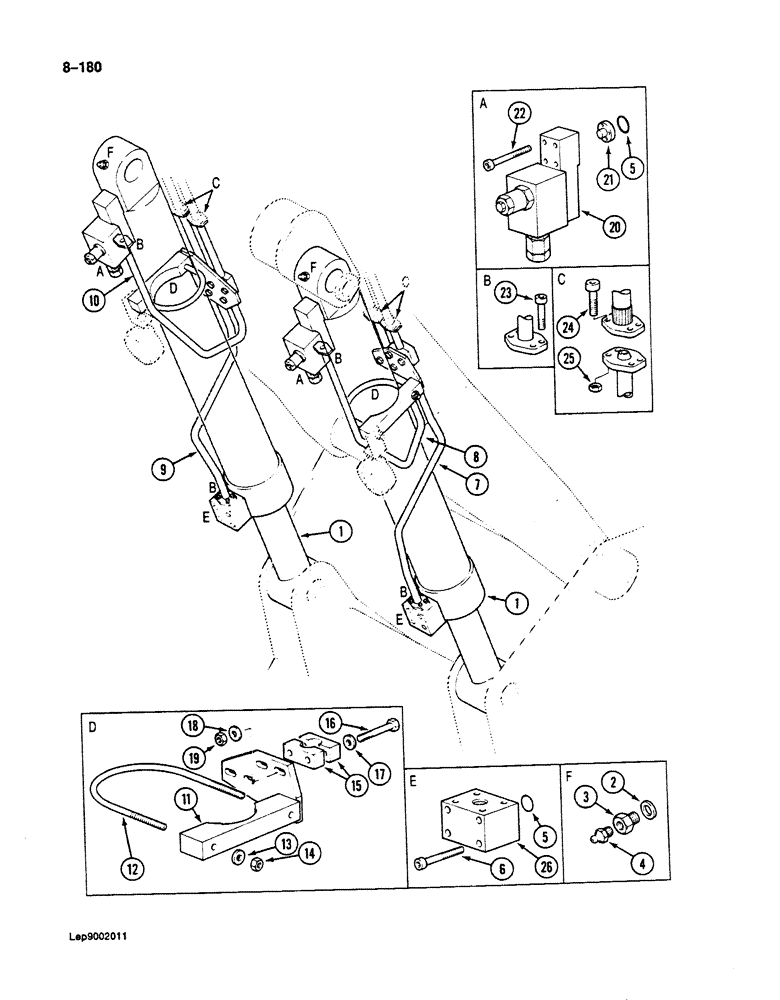 Схема запчастей Case 125B - (8-180) - BOOM CYLINDER CIRCUIT, TUBES AT CYLINDER, UNITS WITH CRANING VALVE (08) - HYDRAULICS