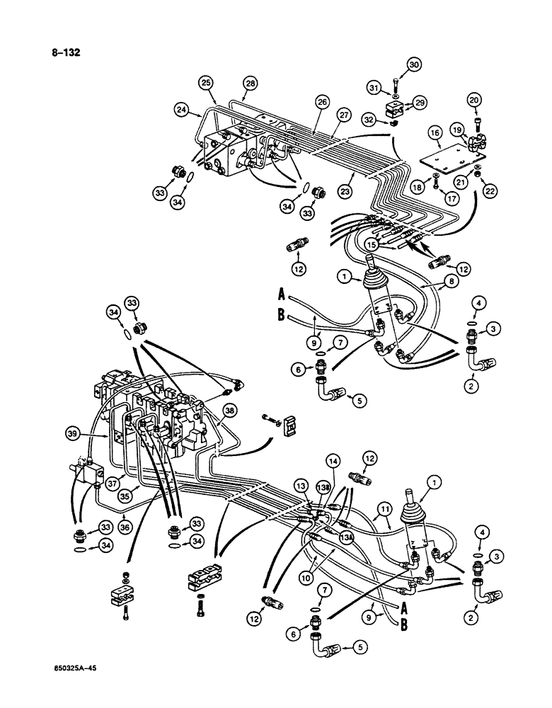 Схема запчастей Case 125B - (8-132) - HYD. CIRCUIT FOR CONTROLS, TO MAIN CONTROL VALVES, P.I.N. 74251 THROUGH 74630 (08) - HYDRAULICS