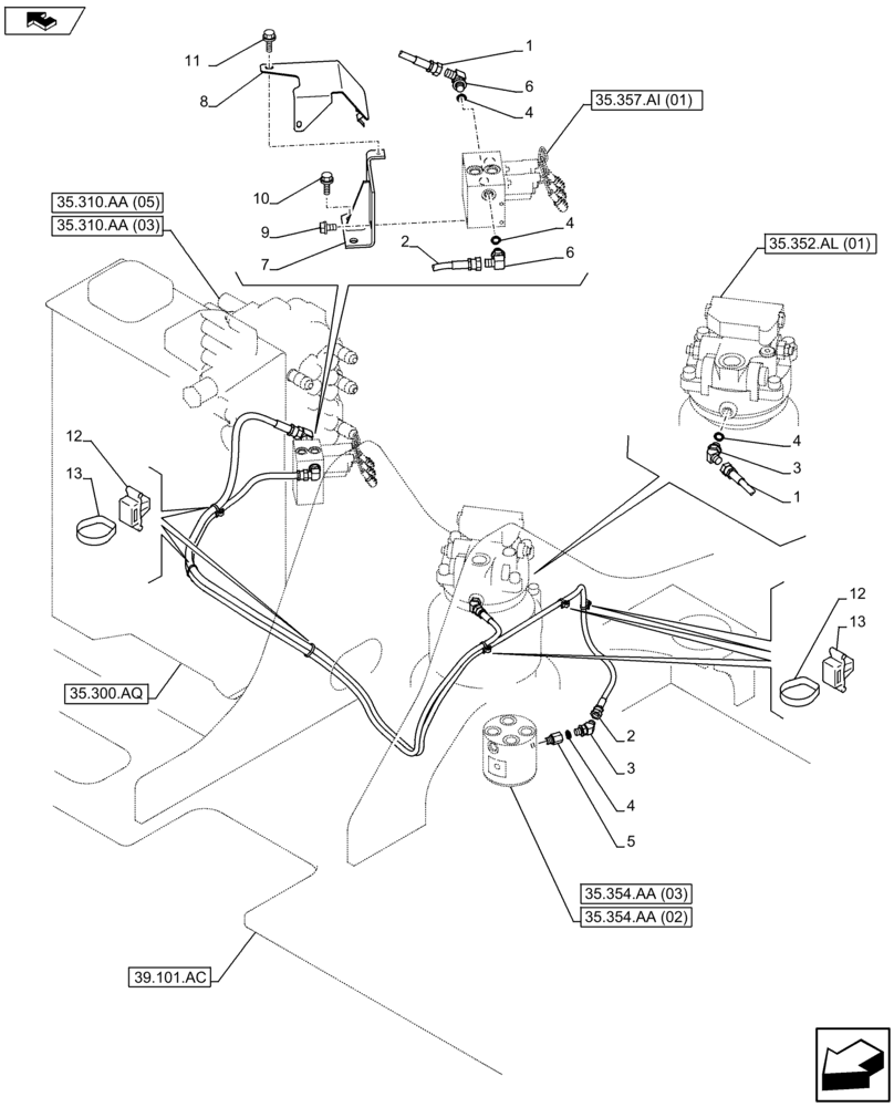 Схема запчастей Case CX75C SR - (35.352.AI[02]) - SWING MOTOR LINES (35) - HYDRAULIC SYSTEMS