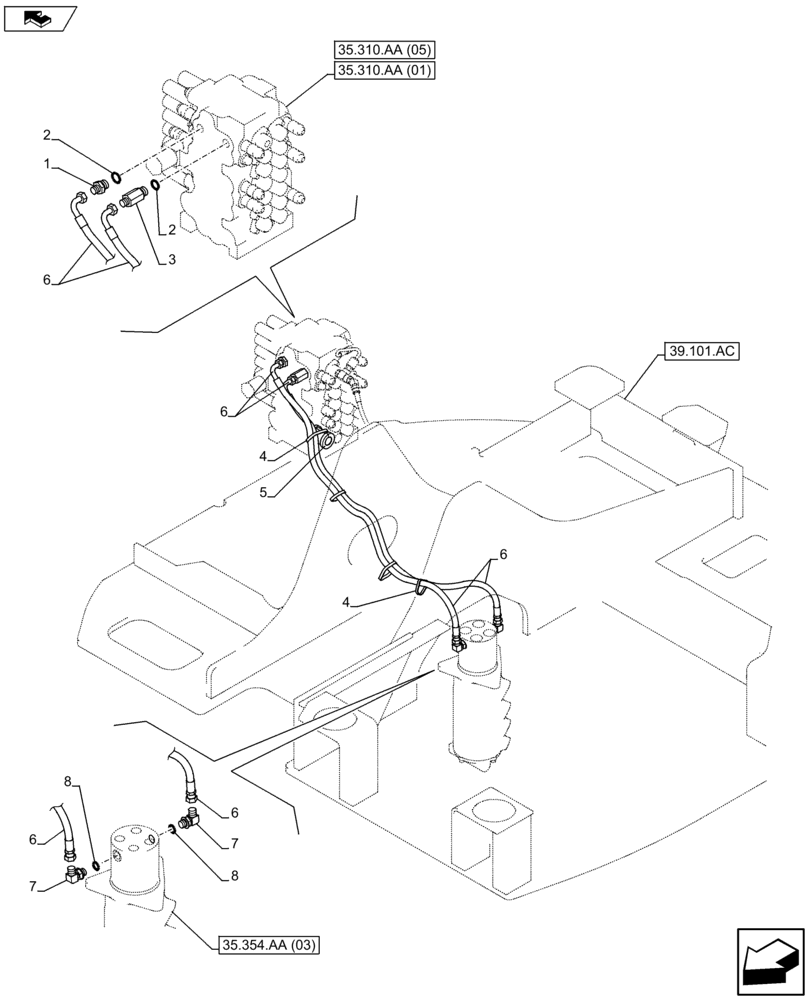 Схема запчастей Case CX75C SR - (35.357.AK[02]) - VAR - 461025 - LINES FROM CONTROL LEVER TO PILOT VALVE BLOCK (35) - HYDRAULIC SYSTEMS