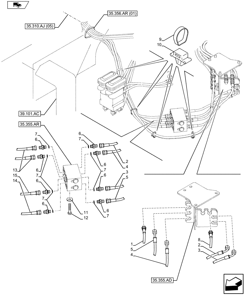 Схема запчастей Case CX75C SR - (35.310.AJ[10]) - CONTROL VALVE HOSE (35) - HYDRAULIC SYSTEMS