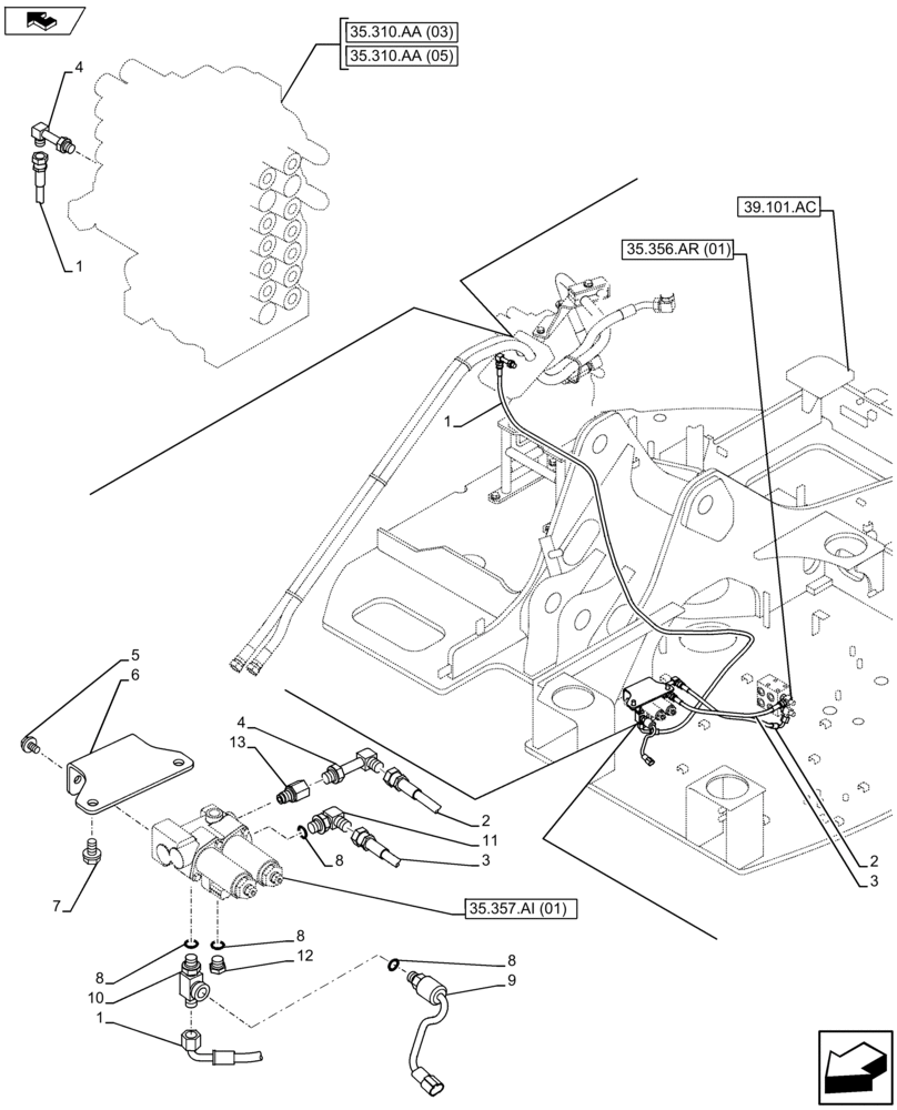 Схема запчастей Case CX75C SR - (35.356.AR[03]) - VAR - 461865 - PEDAL CONTROL HOSE (35) - HYDRAULIC SYSTEMS