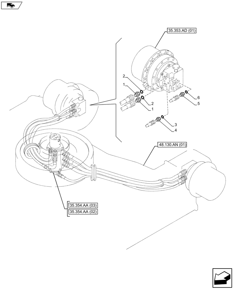 Схема запчастей Case CX75C SR - (35.353.AE[02]) - TRAVEL MOTOR HOSES (35) - HYDRAULIC SYSTEMS