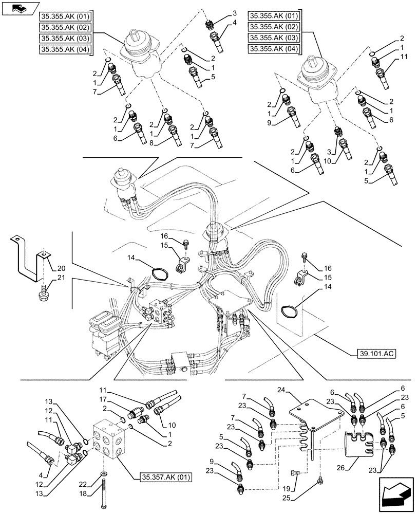 Схема запчастей Case CX75C SR - (35.355.AD[01]) - HAND CONTROL HOSES (35) - HYDRAULIC SYSTEMS