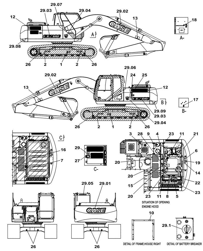 Схема запчастей Case CX210C LC - (90.108.05) - DECALS - EXTERIOR (90) - PLATFORM, CAB, BODYWORK AND DECALS