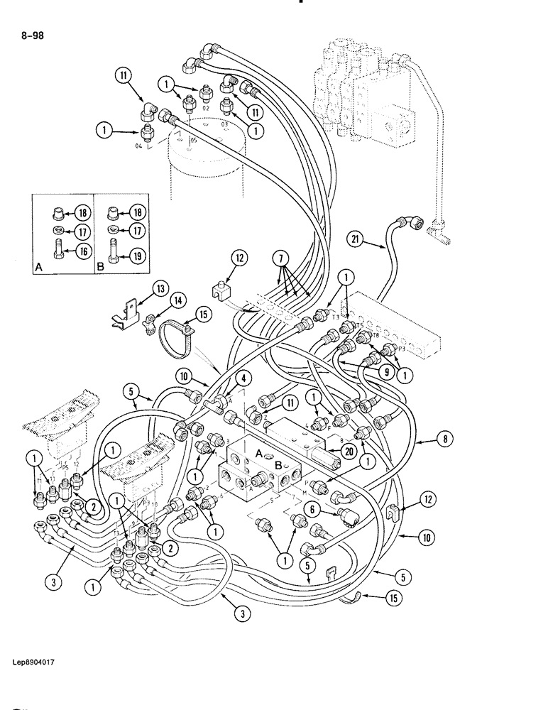 Схема запчастей Case 888 - (8-098) - HYDRAULIC CONTROL CIRCUIT, MANIFOLD TO FOOT CONTROL VALVES AND SWIVEL, P.I.N. FROM 15263 AND AFTER (08) - HYDRAULICS