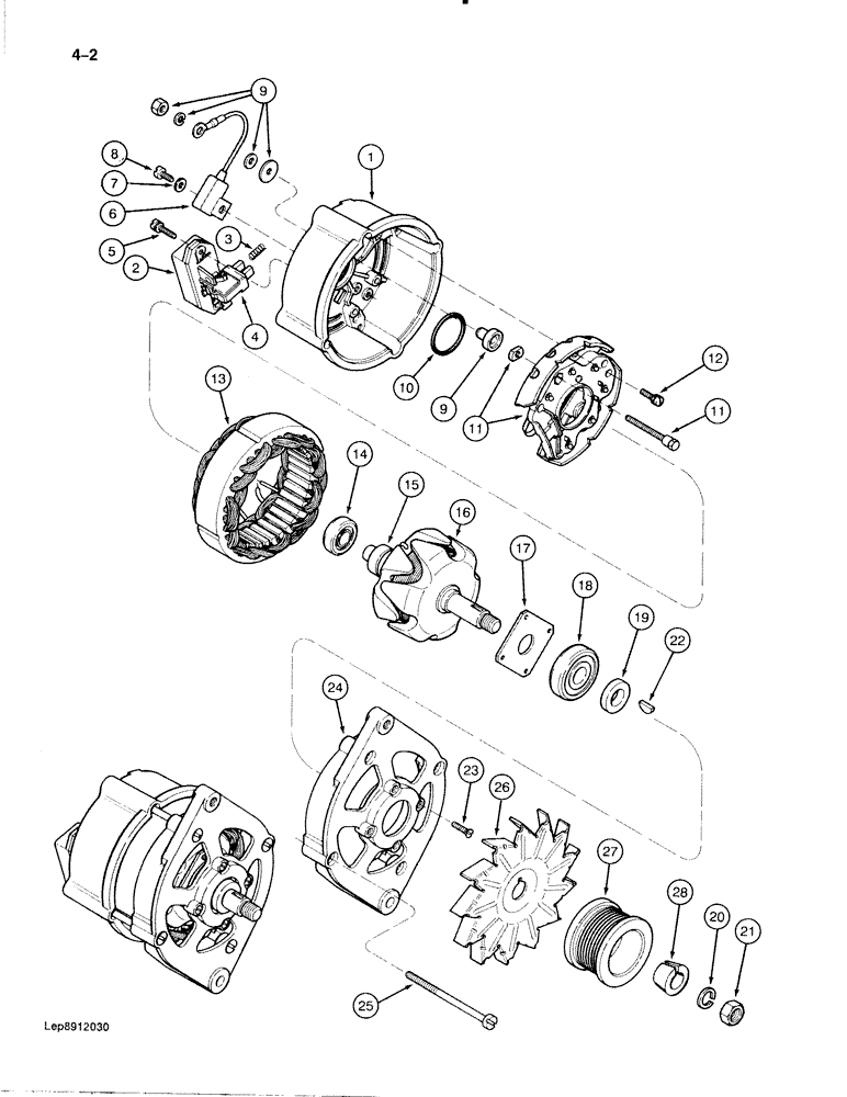 Схема запчастей Case 888 - (4-002) - ALTERNATOR ASSEMBLY, 6T-590 DIESEL ENGINE (04) - ELECTRICAL SYSTEMS