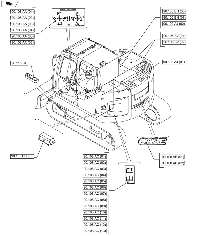 Схема запчастей Case CX80C - (90.000.00[01]) - SECTION INDEX - PLATFORM, CAB, BODYWORK AND DECALS (90) - PLATFORM, CAB, BODYWORK AND DECALS