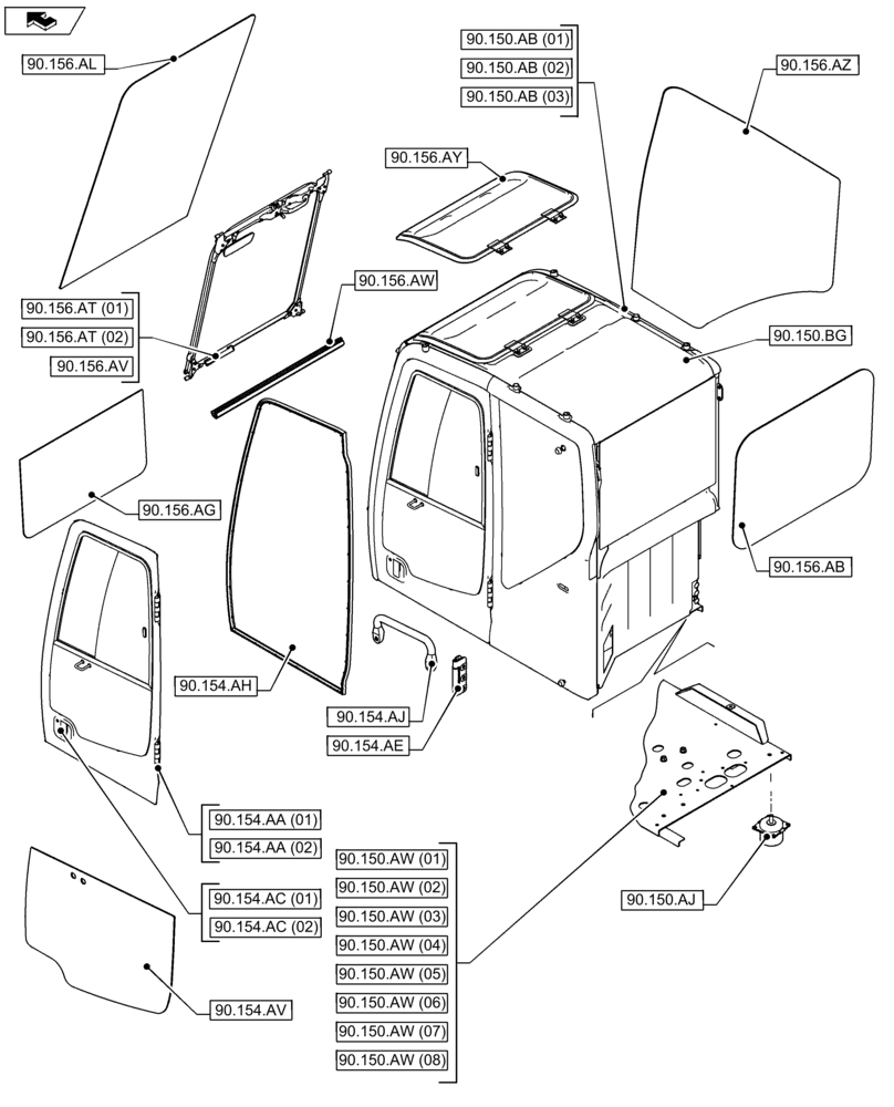 Схема запчастей Case CX80C - (90.000.00[03]) - SECTION INDEX - PLATFORM, CAB, BODYWORK AND DECALS (90) - PLATFORM, CAB, BODYWORK AND DECALS