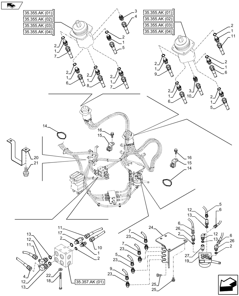 Схема запчастей Case CX75C SR - (35.355.AD[02]) - VAR - 461558 - HAND CONTROL HOSES (35) - HYDRAULIC SYSTEMS