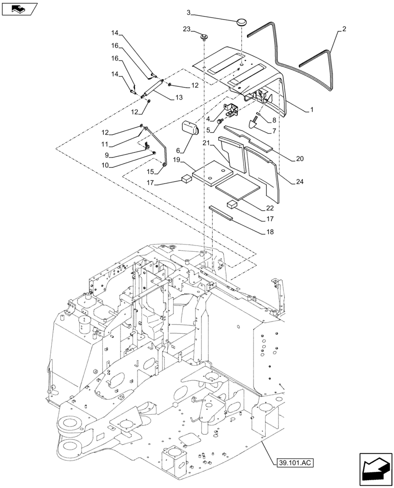 Схема запчастей Case CX80C - (90.100.AG[01]) - ENGINE HOOD SUPPORT (90) - PLATFORM, CAB, BODYWORK AND DECALS