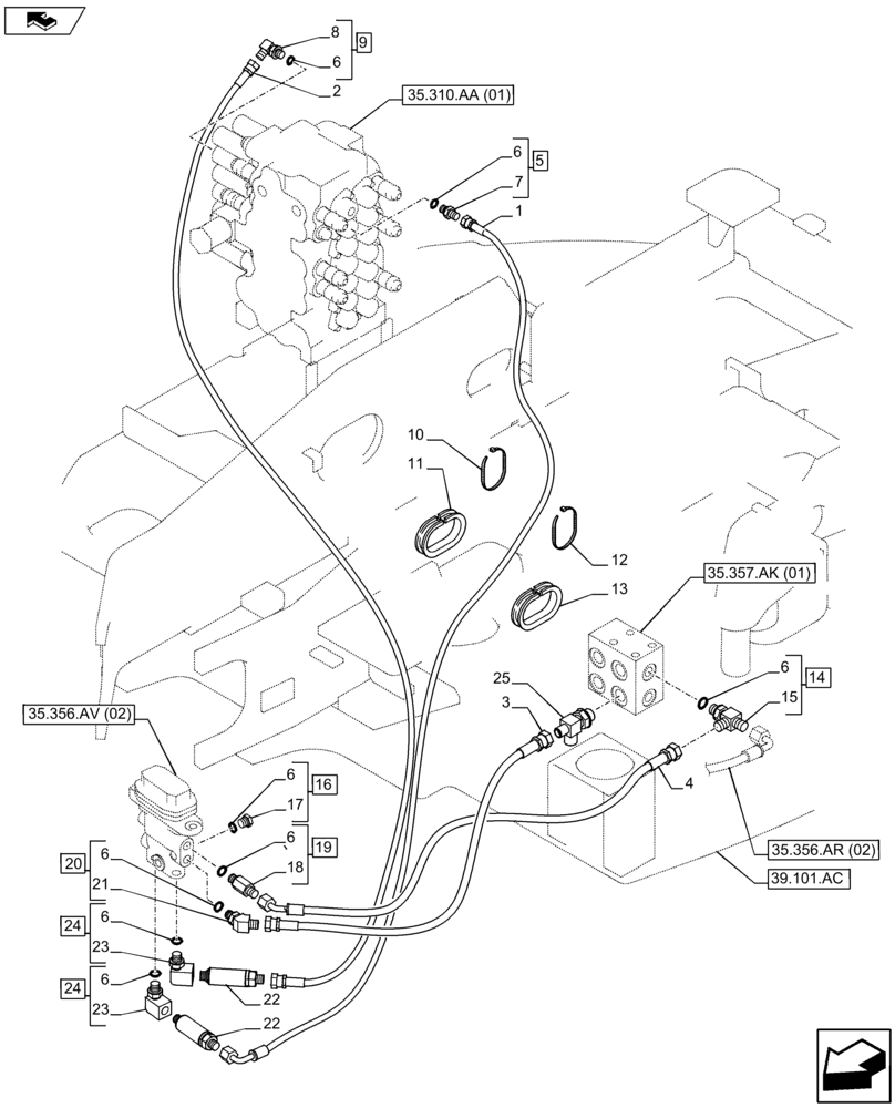 Схема запчастей Case CX80C - (35.356.AR[01]) - PEDAL CONTROL HOSE (35) - HYDRAULIC SYSTEMS