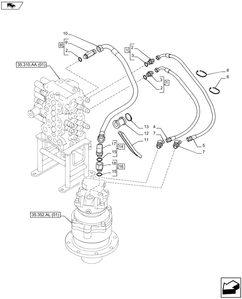 Схема запчастей Case CX80C - (35.352.AI[03]) - SWING MOTOR LINES (35) - HYDRAULIC SYSTEMS