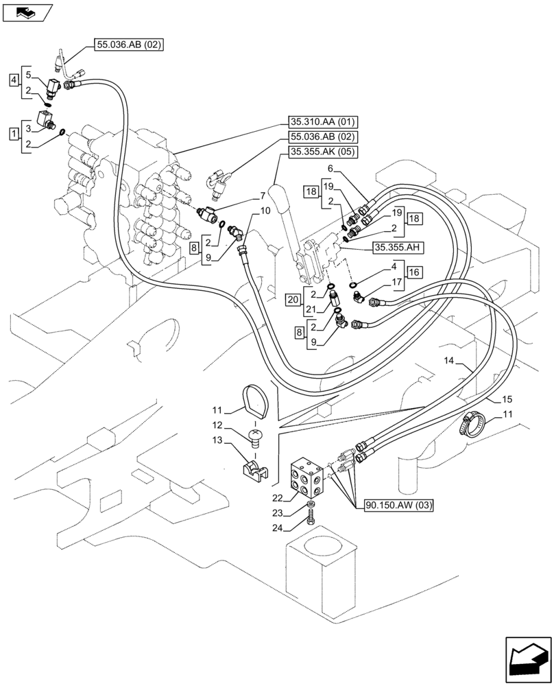 Схема запчастей Case CX80C - (35.357.AK[01]) - LINES FROM CONTROL LEVER TO PILOT VALVE BLOCK (35) - HYDRAULIC SYSTEMS