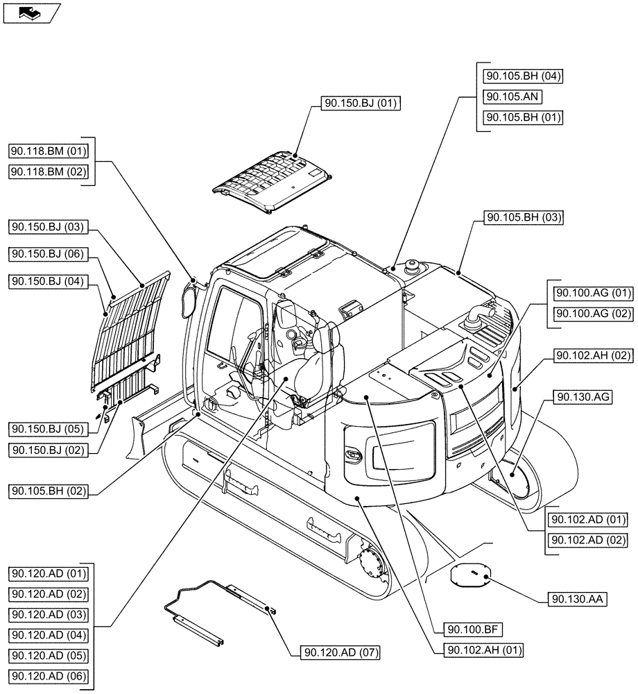 Схема запчастей Case CX80C - (90.000.00[02]) - SECTION INDEX - PLATFORM, CAB, BODYWORK AND DECALS (90) - PLATFORM, CAB, BODYWORK AND DECALS