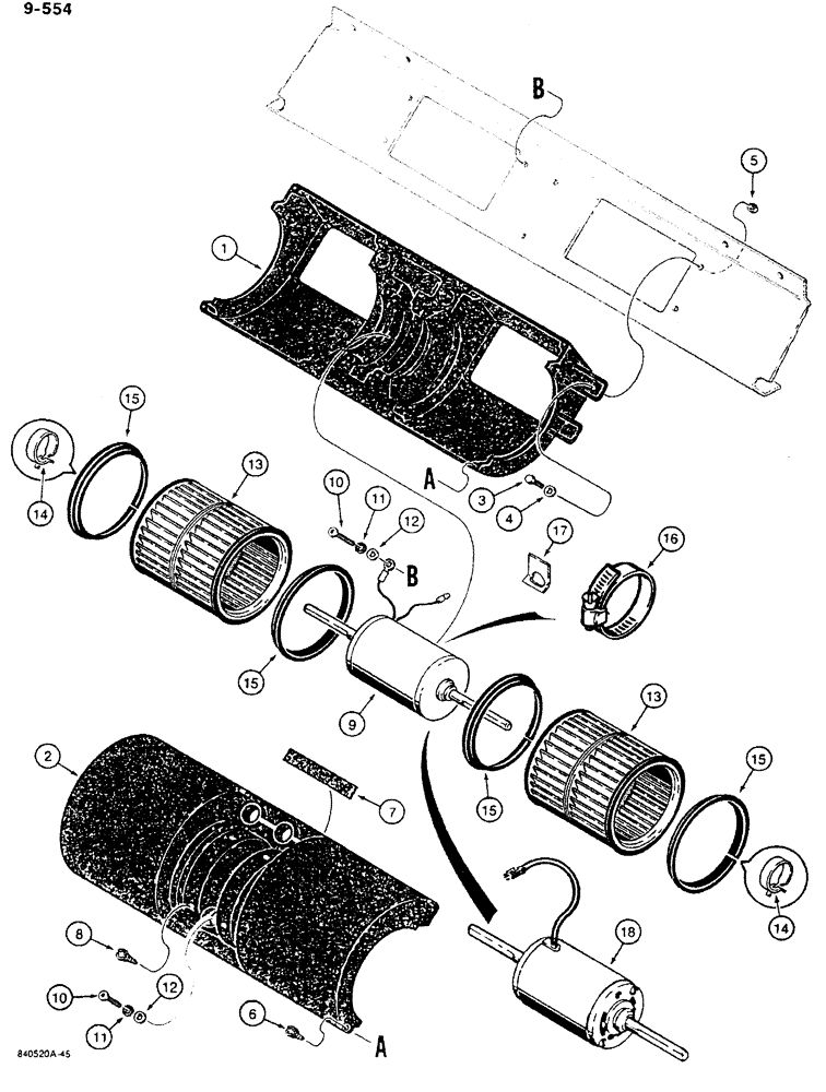 Схема запчастей Case 1450B - (9-554) - PRESSURIZED CAB AIR CONDITIONING CONDENSER BLOWER ABOVE CAB ROOF (09) - CHASSIS/ATTACHMENTS