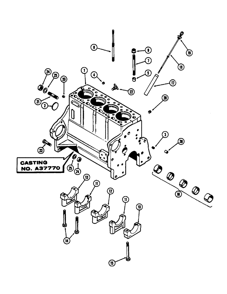 Схема запчастей Case 430CK - (033A) - CYLINDER BLOCK ASSEMBLY, (188) DIESEL ENGINE, CASTING NUMBER A37770, WITH WIDE FLANGED SLEEVES 