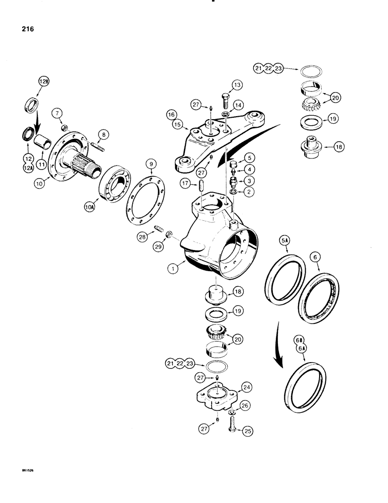 Схема запчастей Case 580E - (216) - FRONT DRIVE AXLE, SWIVEL HOUSINGS (06) - POWER TRAIN