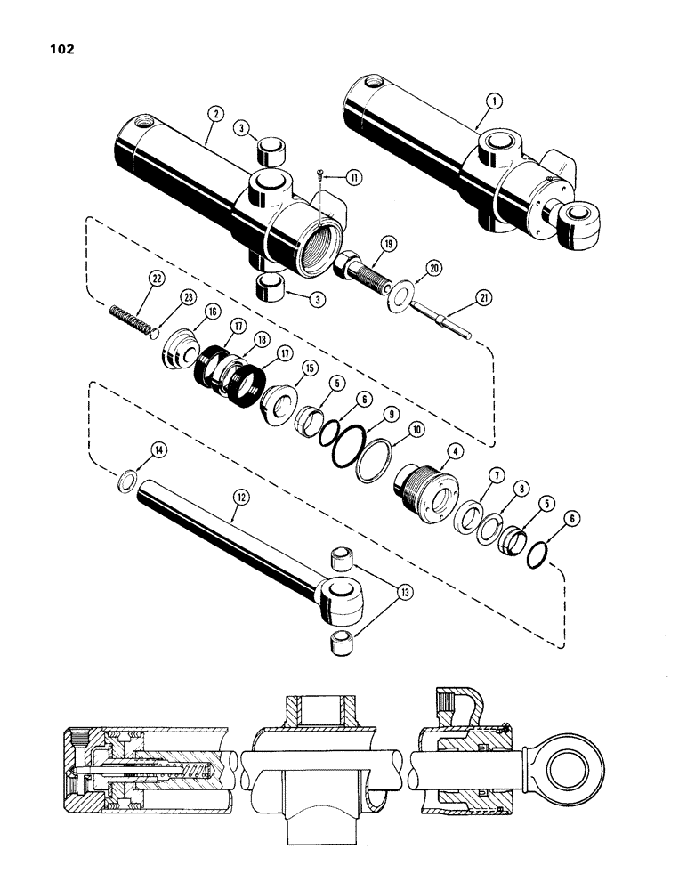 Схема запчастей Case 33 - (102) - D37625 & D37626 SWING CYL 4" DIA CYL W/11" STROKE W/SPLIT TYPE INNER &OUTER WIPERS W/O GLAND ID RING 