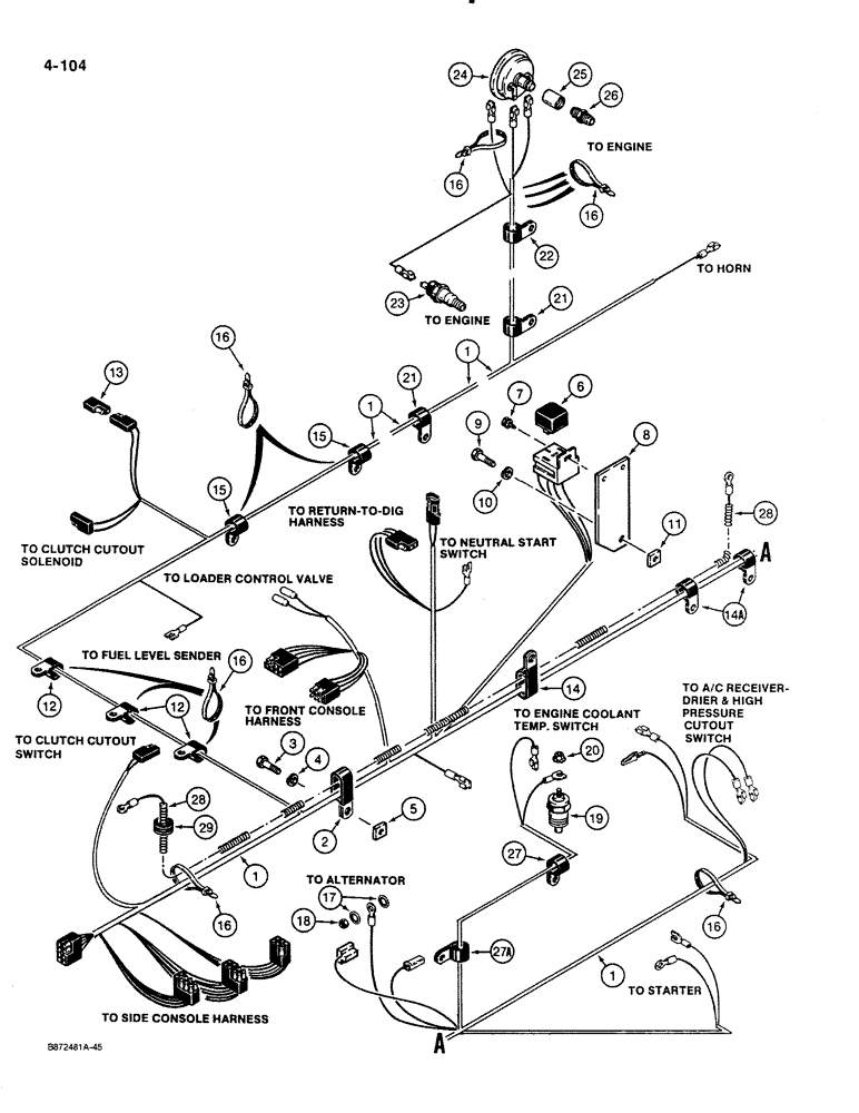 Схема запчастей Case 580K - (04-104) - ENGINE ELECTRICAL CIRCUIT, MODELS WITHOUT FUSE BLOCK IN HARNESS (04) - ELECTRICAL SYSTEMS