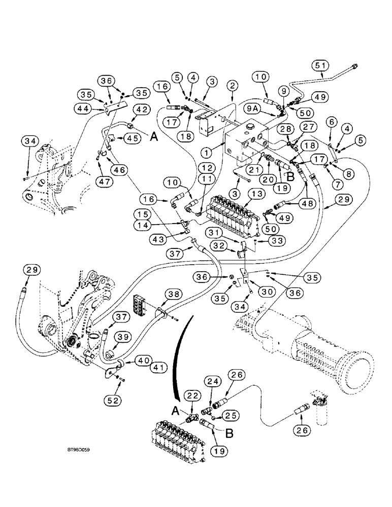 Схема запчастей Case 590SL - (8-50) - BACKHOE AUXILIARY HYDRAULICS, AUXILIARY AND BACKHOE CONTROL VALVES TO SWING TOWER (08) - HYDRAULICS