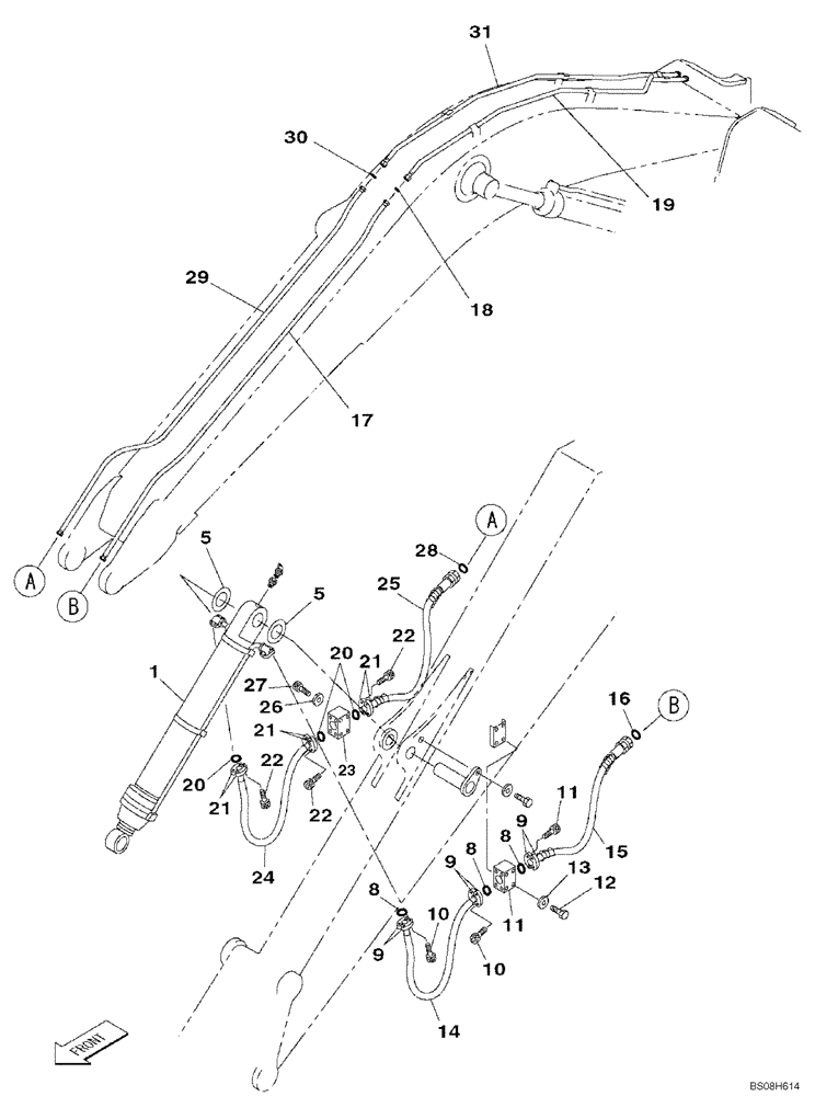 Схема запчастей Case CX470C - (08-023-00[01]) - HYDRAULIC CIRCUIT - BUCKET CYLINDER - DIPPER - 4.85 M (07) - HYDRAULIC SYSTEM