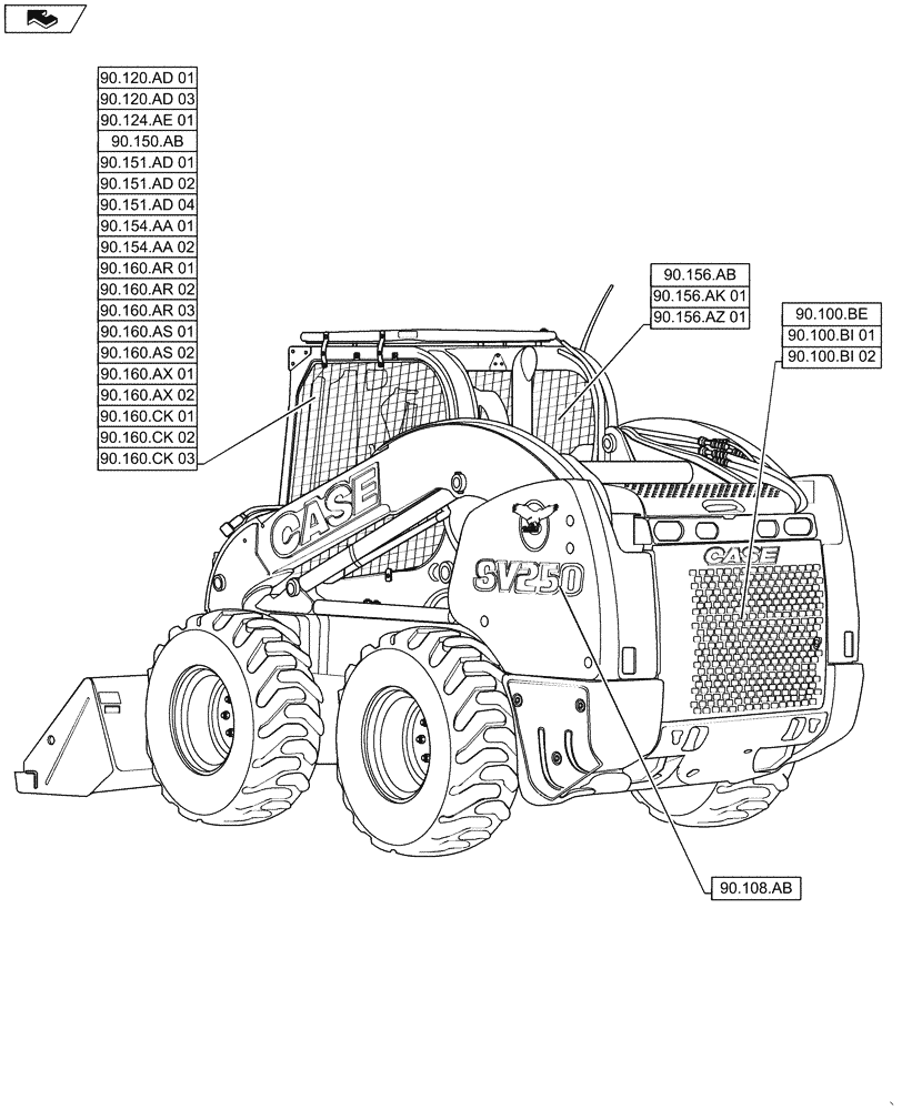 Схема запчастей Case SV250 - (90.000.00) - PICTORIAL INDEX - PLATFORM, CAB, BODYWORK AND DECALS (90) - PLATFORM, CAB, BODYWORK AND DECALS