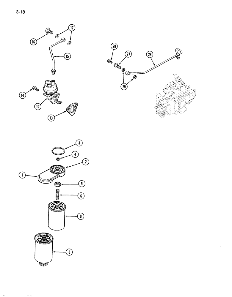 Схема запчастей Case 1086B - (3-018) - FUEL FILTER AND LIFT PUMP, 6T-590 ENGINE (03) - FUEL SYSTEM